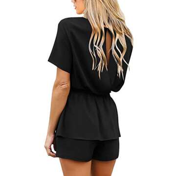 luvamia Women's Casual Black Short Sleeve Belted Overlay Keyhole Back Jumpsuits Romper Size Medium (Fits US 8 - US 10)