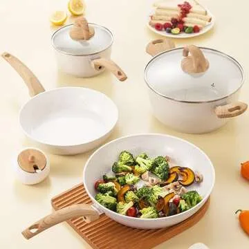 Vkoocy White Pots and Pans Set Non Stick, Ceramic Cookware Set with Granite Pattern Kitchen Cooking ...