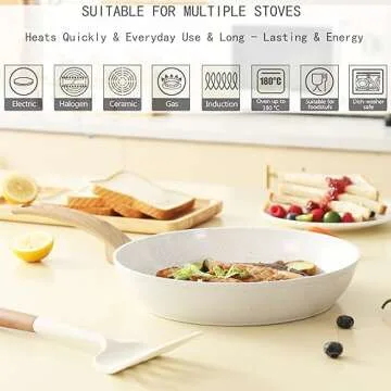 Vkoocy White Pots and Pans Set Non Stick, Ceramic Cookware Set with Granite Pattern Kitchen Cooking Sets Induction Pot and Pan w/Frying Pans, Saucepans, Casserole, Non-Toxic, PTFE/PFOA/PFOS-Free