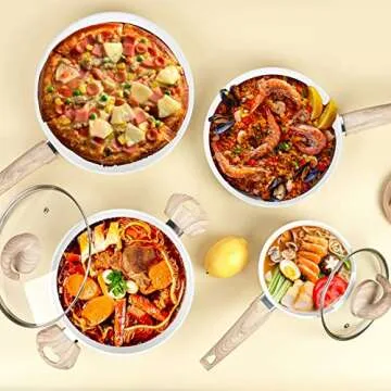 Vkoocy White Pots and Pans Set Non Stick, Ceramic Cookware Set with Granite Pattern Kitchen Cooking Sets Induction Pot and Pan w/Frying Pans, Saucepans, Casserole, Non-Toxic, PTFE/PFOA/PFOS-Free