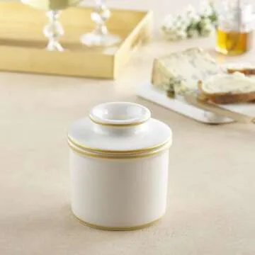 Elegant Butter Bell Crock for Spreadable Butter in White with Blue or Gold Trim