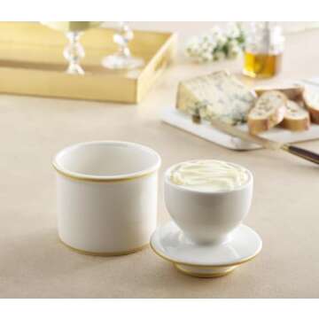 Elegant Butter Bell Crock for Spreadable Butter in White with Blue or Gold Trim