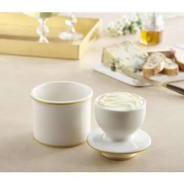 Elegant Butter Bell Crock for Spreadable Butter in White with Blue or Gold Trim
