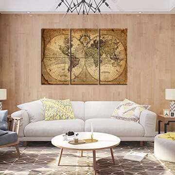 Wall Art Decor Canvas World Map,3 Pieces Framed Large Canvas Art Contemporary Painting Vintage Globe...
