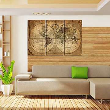 Wall Art Decor Canvas World Map,3 Pieces Framed Large Canvas Art Contemporary Painting Vintage Globe Map Newspaper Background Artwork Pictures for Bedroom Living Room Decoration(40''H x 60''W)