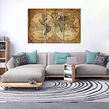 Wall Art Decor Canvas World Map,3 Pieces Framed Large Canvas Art Contemporary Painting Vintage Globe Map Newspaper Background Artwork Pictures for Bedroom Living Room Decoration(40''H x 60''W)