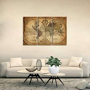 Wall Art Decor Canvas World Map,3 Pieces Framed Large Canvas Art Contemporary Painting Vintage Globe Map Newspaper Background Artwork Pictures for Bedroom Living Room Decoration(40''H x 60''W)