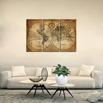 Wall Art Decor Canvas World Map,3 Pieces Framed Large Canvas Art Contemporary Painting Vintage Globe Map Newspaper Background Artwork Pictures for Bedroom Living Room Decoration(40''H x 60''W)