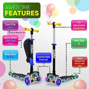 Hurtle Kids Scooter - Child Toddler Kick Scooter Toy with Foldable Seat - 3 Wheel Scooter with Adjus...
