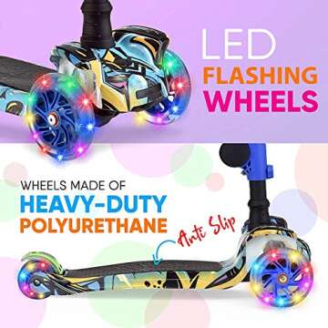 Hurtle Kids Scooter - Child Toddler Kick Scooter Toy with Foldable Seat - 3 Wheel Scooter with Adjustable Height, Anti-Slip Deck, Flashing Wheel Lights, for Boys/Girls 1-12 Year Old, Graffiti