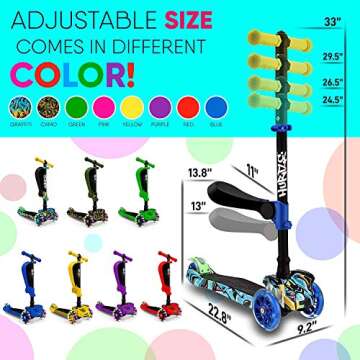 Hurtle Kids Scooter - Child Toddler Kick Scooter Toy with Foldable Seat - 3 Wheel Scooter with Adjustable Height, Anti-Slip Deck, Flashing Wheel Lights, for Boys/Girls 1-12 Year Old, Graffiti