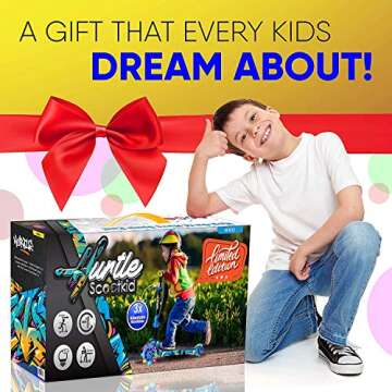 Hurtle Kids Scooter - Child Toddler Kick Scooter Toy with Foldable Seat - 3 Wheel Scooter with Adjustable Height, Anti-Slip Deck, Flashing Wheel Lights, for Boys/Girls 1-12 Year Old, Graffiti