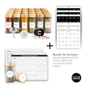 SAVVY & SORTED Bamboo Spice Jars Set and Labels Organization Bundle - Bamboo Spice Jars + Round Spic...