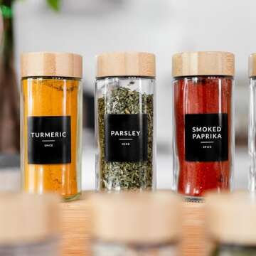 SAVVY & SORTED Bamboo Spice Jars Set and Labels Organization Bundle - Bamboo Spice Jars + Round Spice Labels - Minimalist Kitchen Labels Set - Labels for Spice Jars