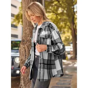 AUTOMET Womens Fall Outfits Fashion Clothes Shackets Flannel Plaid Button Down Long Sleeve Shirts Jackets Grey M