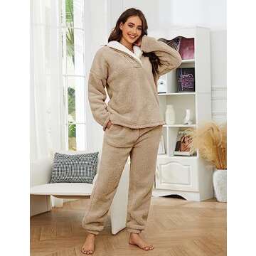 UANEO Fluffy Pajamas for Women Winter Warm Sherpa Fleece Loungewear Pajama Sets (Khaki-L)