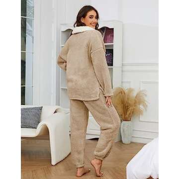 UANEO Fluffy Pajamas for Women Winter Warm Sherpa Fleece Loungewear Pajama Sets (Khaki-L)
