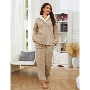 UANEO Fluffy Pajamas for Women Winter Warm Sherpa Fleece Loungewear Pajama Sets (Khaki-L)