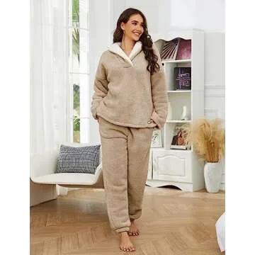 UANEO Fluffy Pajamas for Women Winter Warm Sherpa Fleece Loungewear Pajama Sets (Khaki-L)
