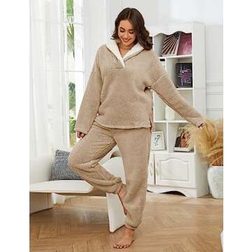 UANEO Fluffy Pajamas for Women Winter Warm Sherpa Fleece Loungewear Pajama Sets (Khaki-L)