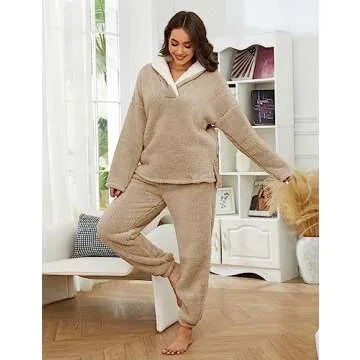 UANEO Fluffy Pajamas for Women Winter Warm Sherpa Fleece Loungewear Pajama Sets (Khaki-L)
