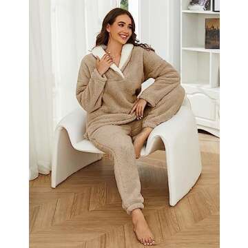 UANEO Fluffy Pajamas for Women Winter Warm Sherpa Fleece Loungewear Pajama Sets (Khaki-L)