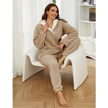 UANEO Fluffy Pajamas for Women Winter Warm Sherpa Fleece Loungewear Pajama Sets (Khaki-L)