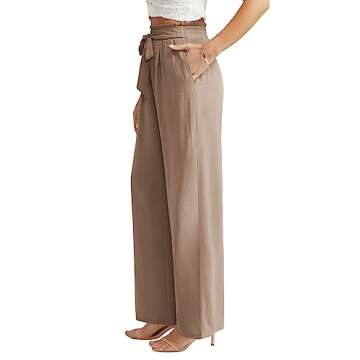 Feiersi Women Casual Wide Leg Pants High Waisted Business Work Casual Pants Loose Flowy Beach Palazzo Pants(Light Tan,Medium)
