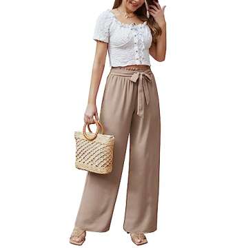 Feiersi Women Casual Wide Leg Pants High Waisted Business Work Casual Pants Loose Flowy Beach Palazzo Pants(Light Tan,Medium)