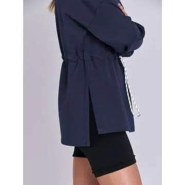 ANRABESS Womens Turtleneck Sweatshirts Drawstring Waist Pullover Tops Loose Fit Long Sleeve Hoodies 2024 Fall Preppy Outfits Navy Blue Large