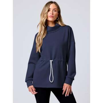 ANRABESS Womens Turtleneck Sweatshirts Drawstring Waist Pullover Tops Loose Fit Long Sleeve Hoodies 2024 Fall Preppy Outfits Navy Blue Large
