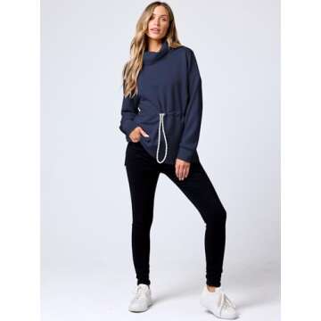 ANRABESS Womens Turtleneck Sweatshirts Drawstring Waist Pullover Tops Loose Fit Long Sleeve Hoodies 2024 Fall Preppy Outfits Navy Blue Large