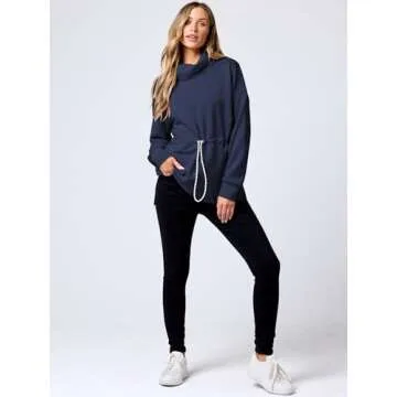 ANRABESS Womens Turtleneck Sweatshirts Drawstring Waist Pullover Tops Loose Fit Long Sleeve Hoodies 2024 Fall Preppy Outfits Navy Blue Large