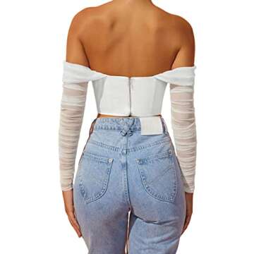 AHAIJ Women's Sexy Mesh Sheer Long Sleeve Corset Crop top Ruched Off Shoulder Blouse Shirts Cute Pus...