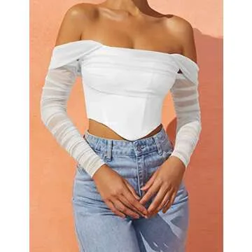 AHAIJ Women's Sexy Mesh Sheer Long Sleeve Corset Crop top Ruched Off Shoulder Blouse Shirts Cute Push Up Party Boned Bustier (White, Medium)