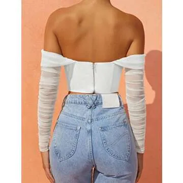 AHAIJ Women's Sexy Mesh Sheer Long Sleeve Corset Crop top Ruched Off Shoulder Blouse Shirts Cute Push Up Party Boned Bustier (White, Medium)
