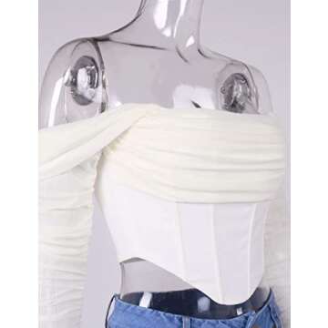 AHAIJ Women's Sexy Mesh Sheer Long Sleeve Corset Crop top Ruched Off Shoulder Blouse Shirts Cute Push Up Party Boned Bustier (White, Medium)