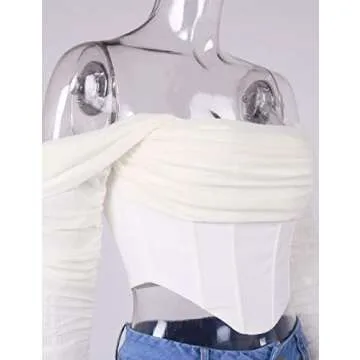 AHAIJ Women's Sexy Mesh Sheer Long Sleeve Corset Crop top Ruched Off Shoulder Blouse Shirts Cute Push Up Party Boned Bustier (White, Medium)