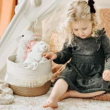 CherryNow Small Woven Storage Baskets Cotton and Jute Rope Decorative Hamper for Diaper, Blankets, Magazine and Keys, Cute Tassel Nursery Decor - Home Storage Container – 9.5'' x 7''