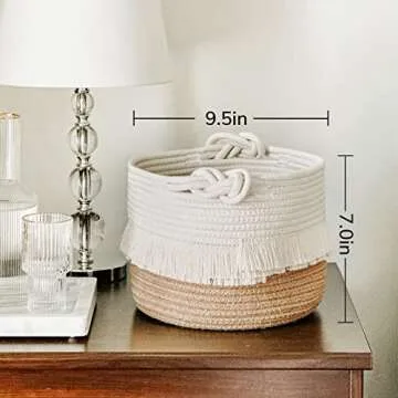 CherryNow Small Woven Storage Baskets Cotton and Jute Rope Decorative Hamper for Diaper, Blankets, Magazine and Keys, Cute Tassel Nursery Decor - Home Storage Container – 9.5'' x 7''