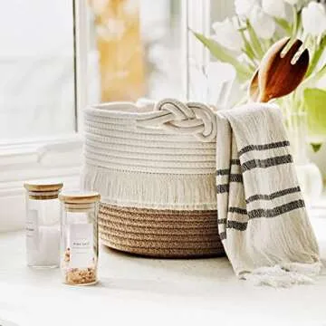 CherryNow Small Woven Storage Baskets Cotton and Jute Rope Decorative Hamper for Diaper, Blankets, Magazine and Keys, Cute Tassel Nursery Decor - Home Storage Container – 9.5'' x 7''