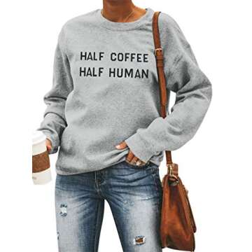 KORADIOR Women Half Coffee Half Human Shirt Funny Letter Print Tee Top Short Sleeve Crewneck T Shirt Summer Casual Tops