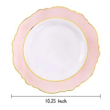 WDF 60pcs Pink Plastic Plates - 10.25inch Baroque Pink &Gold Disposable Dinner Plates for Upscale Pa...