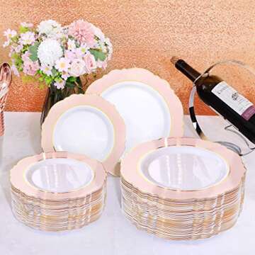 WDF 60pcs Pink Plastic Plates - 10.25inch Baroque Pink &Gold Disposable Dinner Plates for Upscale Parties &Wedding-Special for Wedding, Party, Mother’s Day&Valentine's Day