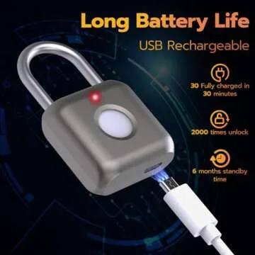Pothunder Fingerprint Smart Padlock Lock, Biometric Metal Keyless Thumbprint Lock, Waterproof, USB Rechargeable, for Gym Locker, School Locker, Luggage, Backpack, Suitcase(Gray)