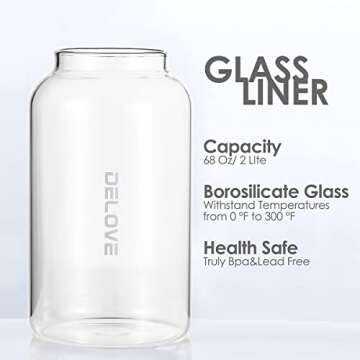Delove 68 oz/2 Liter Glass Pitcher with Shatterproof Shell - Heat Resistant Glass Liner - Stainless Steel Lid - Carafe & Jug for Iced Tea,Hot/Cold Water,Homemade Juice Beverages (Black)