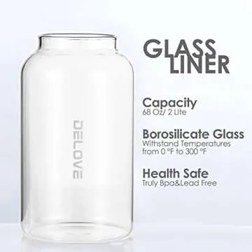 Delove 68 oz/2 Liter Glass Pitcher with Shatterproof Shell - Heat Resistant Glass Liner - Stainless Steel Lid - Carafe & Jug for Iced Tea,Hot/Cold Water,Homemade Juice Beverages (Black)