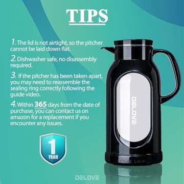 Delove 68 oz/2 Liter Glass Pitcher with Shatterproof Shell - Heat Resistant Glass Liner - Stainless Steel Lid - Carafe & Jug for Iced Tea,Hot/Cold Water,Homemade Juice Beverages (Black)