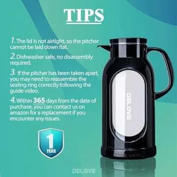 Delove 68 oz/2 Liter Glass Pitcher with Shatterproof Shell - Heat Resistant Glass Liner - Stainless Steel Lid - Carafe & Jug for Iced Tea,Hot/Cold Water,Homemade Juice Beverages (Black)