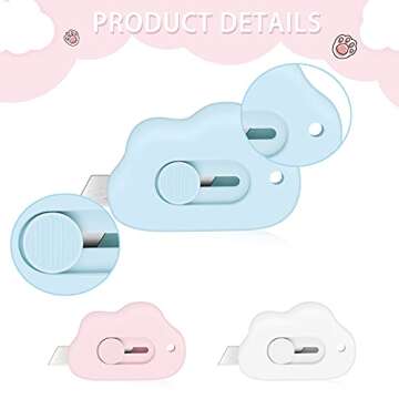 12 Pieces Cute Box Cutter Utility Retractable Knives, 6 Cartoon Cat Claw Box Cutters Pointed, 6 Cloud Pointed Cute Cardboard Cutter Razor Knife Smooth Pointed Mechanism for Office and Home Use